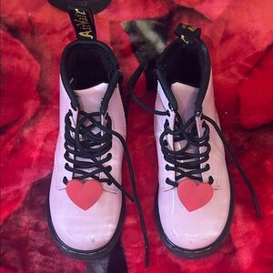 Dr. Martens Pink Patent Kids Lace-Up Boots with Heart Charms